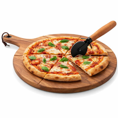 Couteau à pizza Point-virgule - avec planche de service - bois d'acacia
