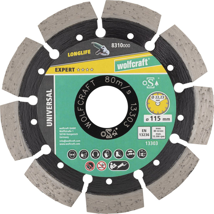Wolfcraft - disque à tronçonner diamanté ø 115 mm - disque à tronçonner diamanté - disque de meulage pour meuleuse d'angle - 8310000