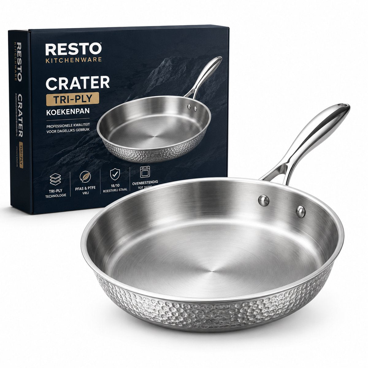 Poêle cratère Resto 26 cm - poêle inox triple épaisseur - compatible induction - poêle professionnelle - revêtement antiadhésif Pfluon - passe au four