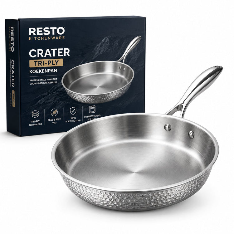Poêle cratère Resto 26 cm - poêle inox triple épaisseur - compatible induction - poêle professionnelle - revêtement antiadhésif Pfluon - passe au four