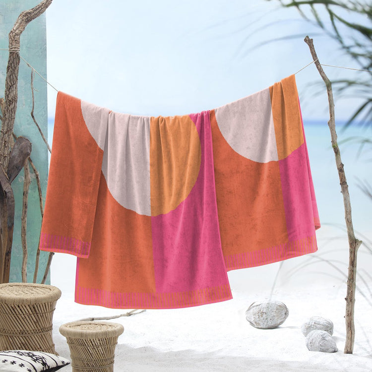 Serviette de plage cercle colorblock hippocampe - 100x180 cm - rose
