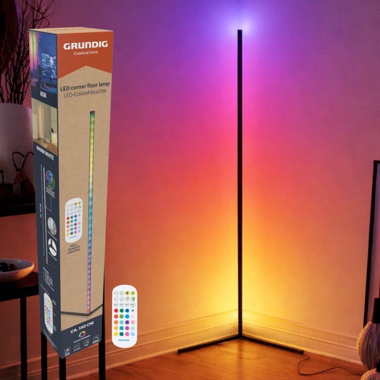 Grundig lampe d'angle LED rgb - lampadaire rgb 140cm - lampe d'angle LED sur pied dimmable rgbw et lumière blanche - lampe rgb sur pied - incl. télécommande et capteur de musique