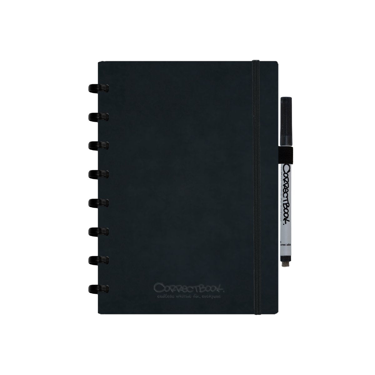 Carnet effaçable Correctbook a5 – couverture rigide en similicuir noir encre – ligné – carnet réutilisable – avec lingette pour stylo – peut être complété par des pages supplémentaires