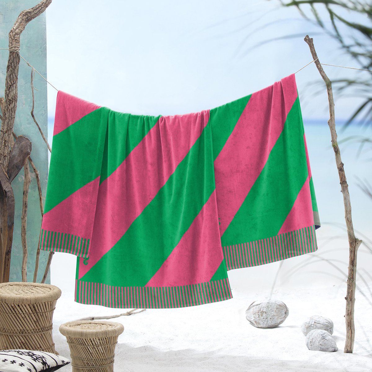 Serviette de plage à rayures color block hippocampe - 100x180 cm - rose