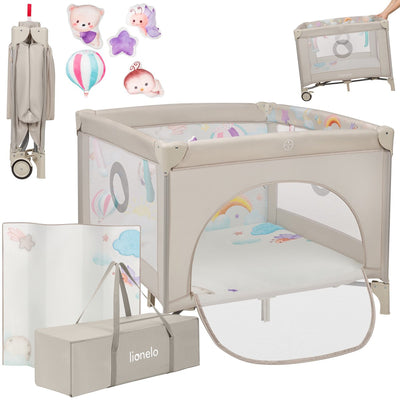 Parc Lionelo mille plus 0-36 mois – parc bébé avec matelas en mousse T25, jouets éducatifs, poignées pour apprendre à se tenir debout, mobile pliable, porte latérale avec fermeture éclair – parc pour la maison et les voyages