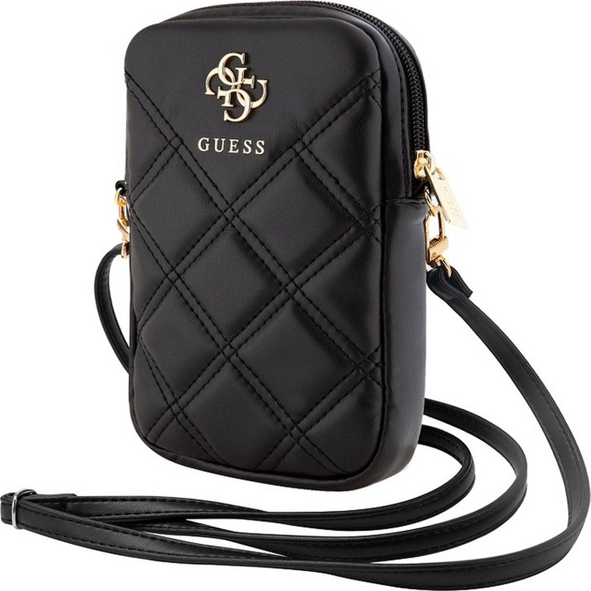 Guess pochette portefeuille matelassée avec logo en métal 4g avec sangle (7 pouces) - noir