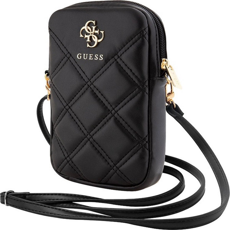 Guess pochette portefeuille matelassée avec logo en métal 4g avec sangle (7 pouces) - noir