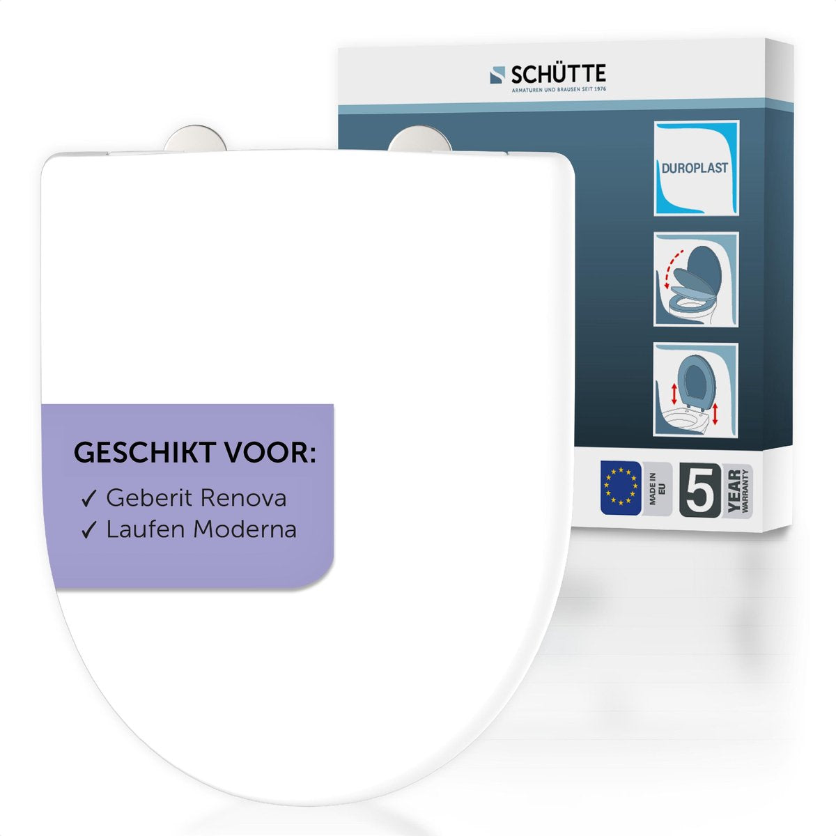 Abattant WC Schütte 82811 pro 3 - forme D - frein de chute - amovible - convient pour Geberit Renova, Laufen Moderna - capacité de charge jusqu'à 250 kg