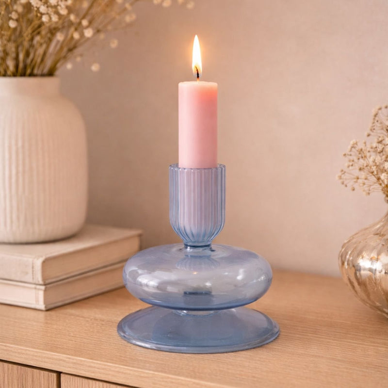 Bougeoir Arti casa pour bougie de dîner - bougeoir en verre avec support nervuré - ø8 x 11 cm - bleu