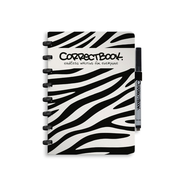 Carnet effaçable Correctbook a5 - bon zèbre - vierge - carnet réutilisable - avec lingette pour stylo - peut être complété par des pages supplémentaires
