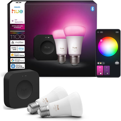 Kit de démarrage Philips hue - lumière blanche et colorée - 1 bridge pro - pack de 2 e27 1100 lumens