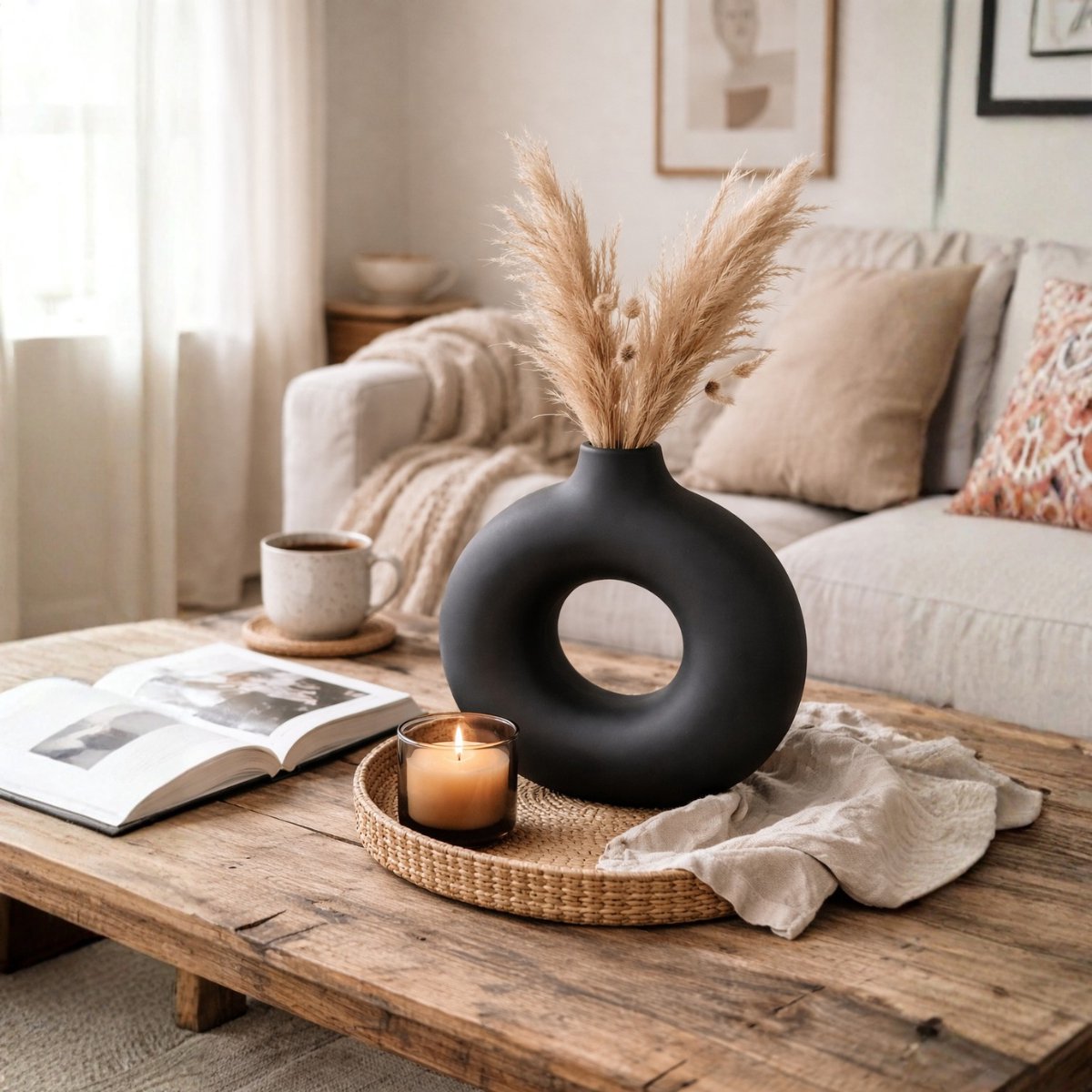 Arti casa Vase décoratif rond avec centre ouvert - Vase noir pour décoration intérieure - Vase moderne pour fleurs ou accessoires - 31 x 10,5 x 31 cm - Noir