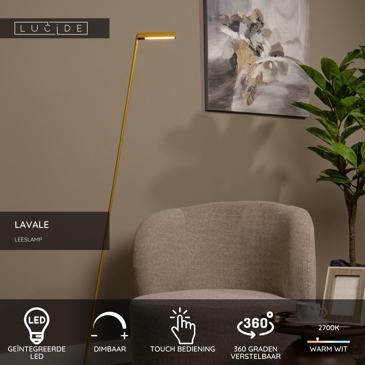 Lucide Lavale - lampe de lecture - LED dimmable - 1x3w 2700k - jaune ocre