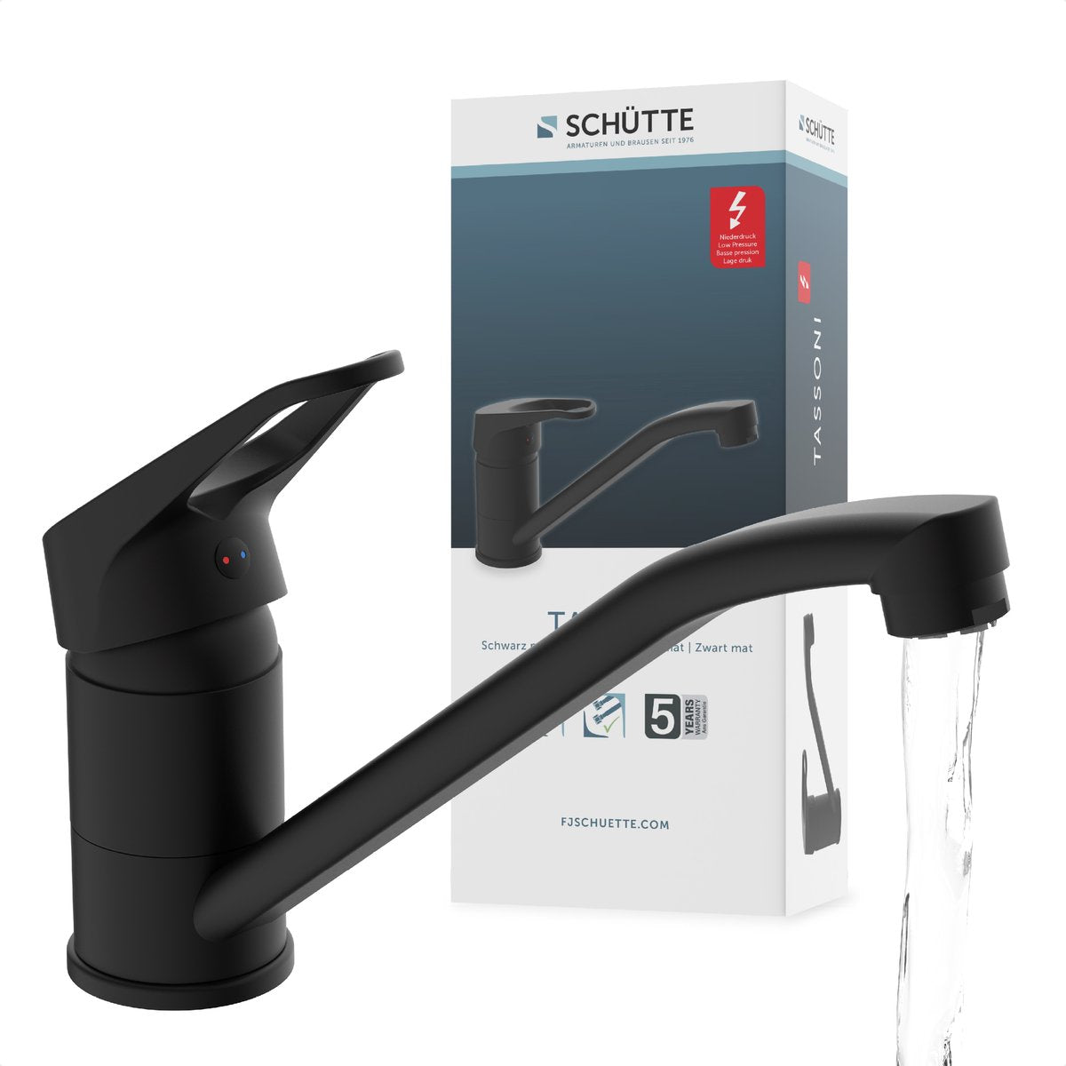 Robinet de cuisine Schütte tassoni pour chauffe-eau - avec bec libre - mitigeur - basse pression - bec bas et pivotant - noir mat