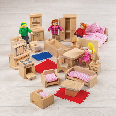 Bigjigs Famille de poupées en bois avec meubles, 26dlg.