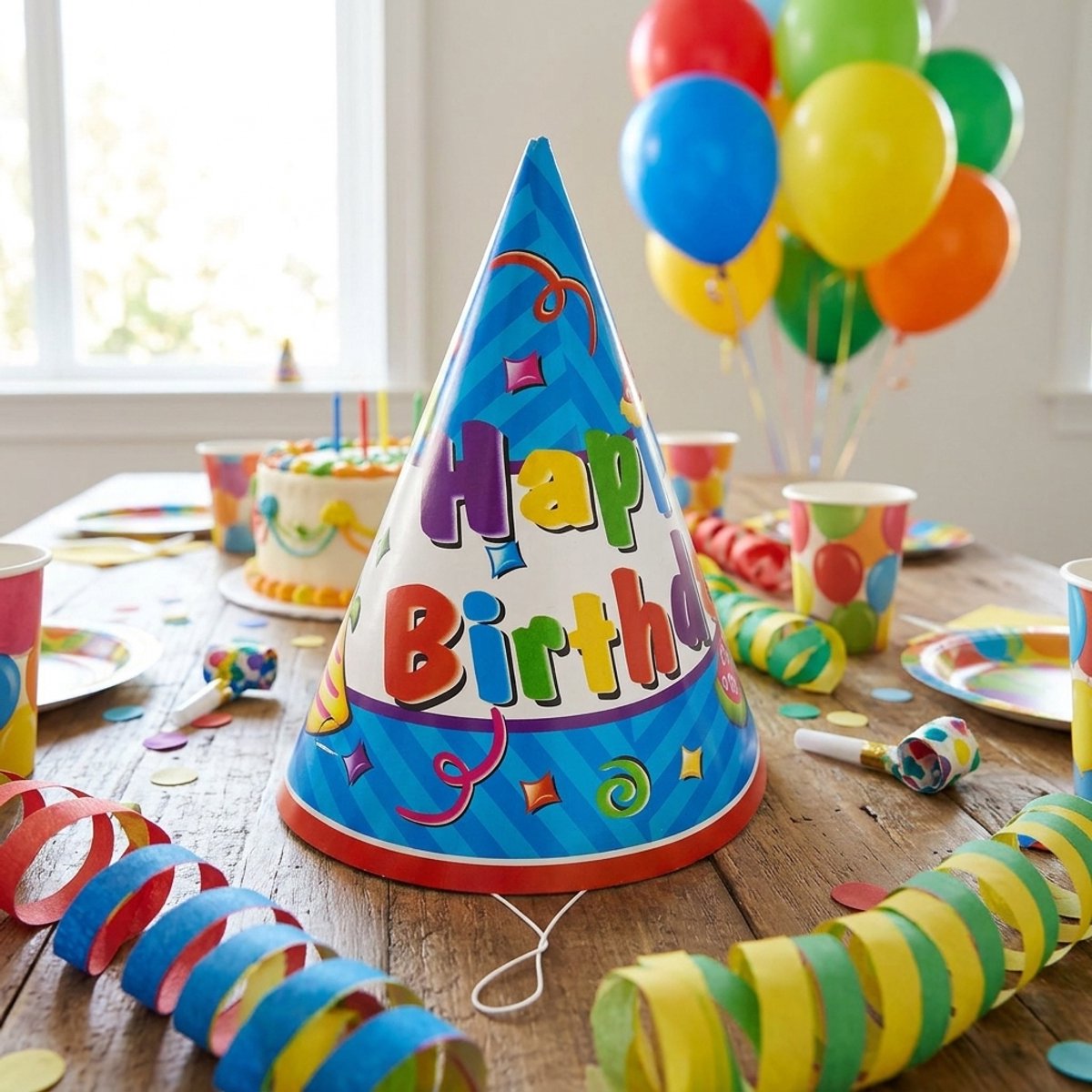 Chapeaux de fête Party Casa sans marque 6 pièces - chapeaux d'anniversaire avec imprimé joyeux anniversaire - chapeaux de fête avec élastique - chapeau de fête pour anniversaire - chapeaux d'anniversaire bleu