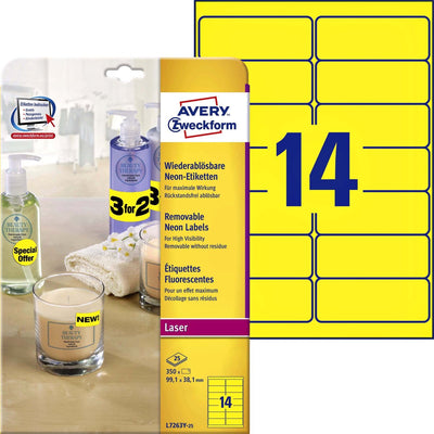 Étiquettes néon Avery, jaune fluo, 99,1 x 38,1 mm, amovibles