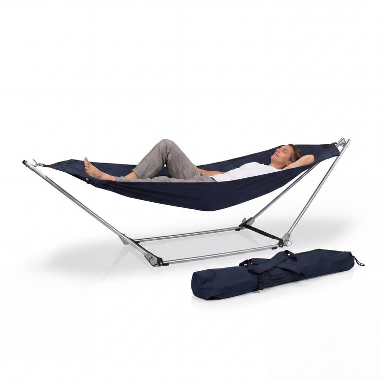 Hamac Campart avec support be-0640 - pliable et léger - structure en acier - capacité de charge 150 kg - avec sac de rangement - bleu