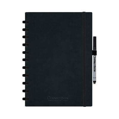 Carnet effaçable Correctbook A4 - couverture rigide en similicuir noir encre - ligné - carnet réutilisable - lingette pour stylo incluse - peut être complété par des pages supplémentaires