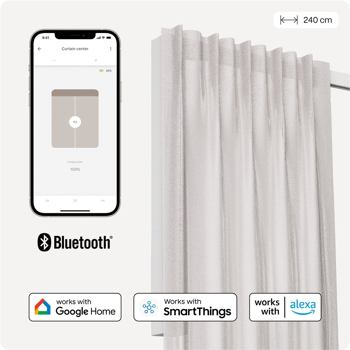 Tringle à rideau intelligente Motionblinds - rideau intelligent - Bluetooth, commande par application sans fil, fonction de démarrage par traction - rechargeable par USB-C - fonction de démarrage par traction - 240 cm