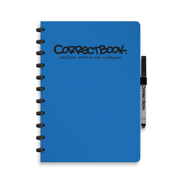 Carnet effaçable Correctbook a4 – bleu terre – vierge – carnet réutilisable – avec lingette pour stylo – peut être complété par des pages supplémentaires