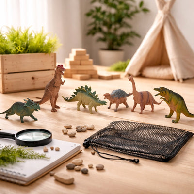 Eddy Toys Dinosaur Toy Dino Playset 6 pièces - Ensemble de figurines de dinosaures avec filet de rangement - Dinosaures jouets pour enfants - Mini figurines de dinosaures 15 cm