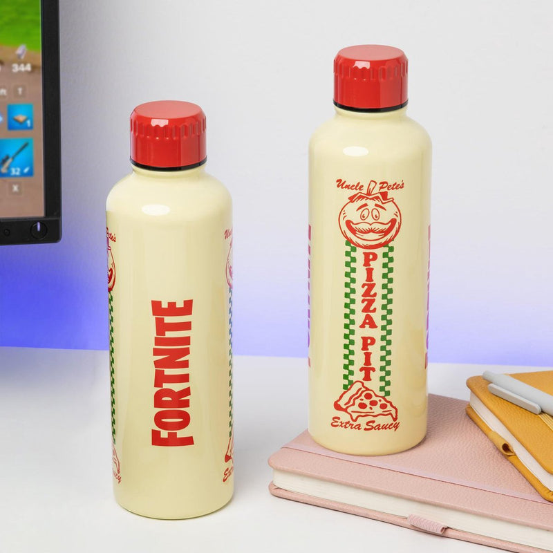 Bouteille d'eau en métal Paladone Fortnite Pizza Pit - Bouteille en acier inoxydable sous licence officielle 500 ml avec bouchon à vis -