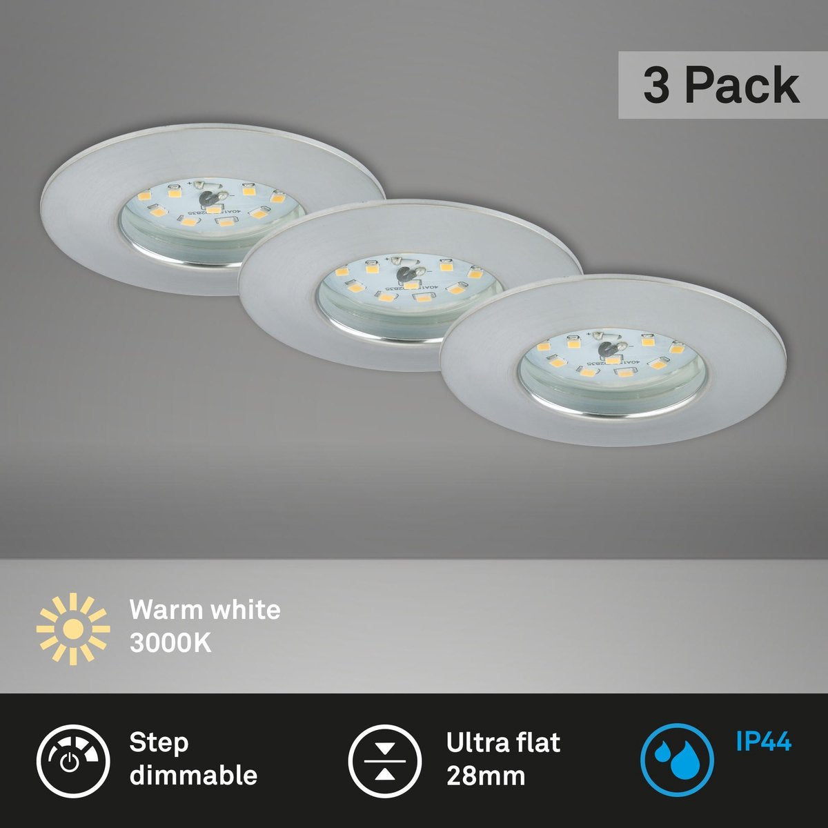 Briloner - Lampes encastrables LED lot de 3 dimmables, chacune 6,5 W, 3 000 Kelvin IP44, couleur aluminium ø7,5 cm