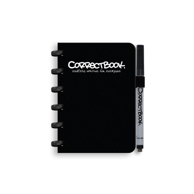 Carnet effaçable Correctbook a6 - carnet réutilisable - encre noir noir - vierge - avec lingette pour stylo - peut être complété par des pages supplémentaires