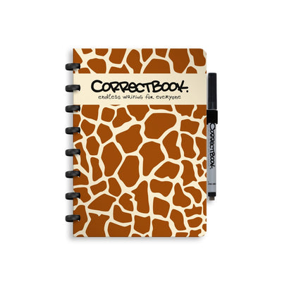 Carnet effaçable Correctbook a5 – girafe curieuse – vierge – carnet réutilisable – avec lingette pour stylo – peut être complété par des pages supplémentaires