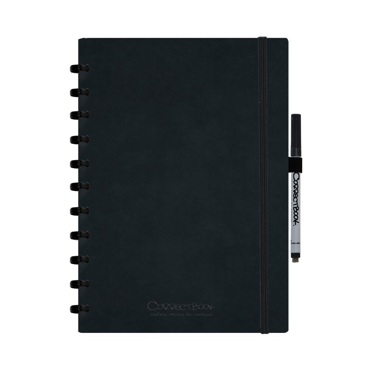 Carnet effaçable Correctbook A4 - couverture rigide en similicuir noir encre - ligné - carnet réutilisable - lingette pour stylo incluse - peut être complété par des pages supplémentaires