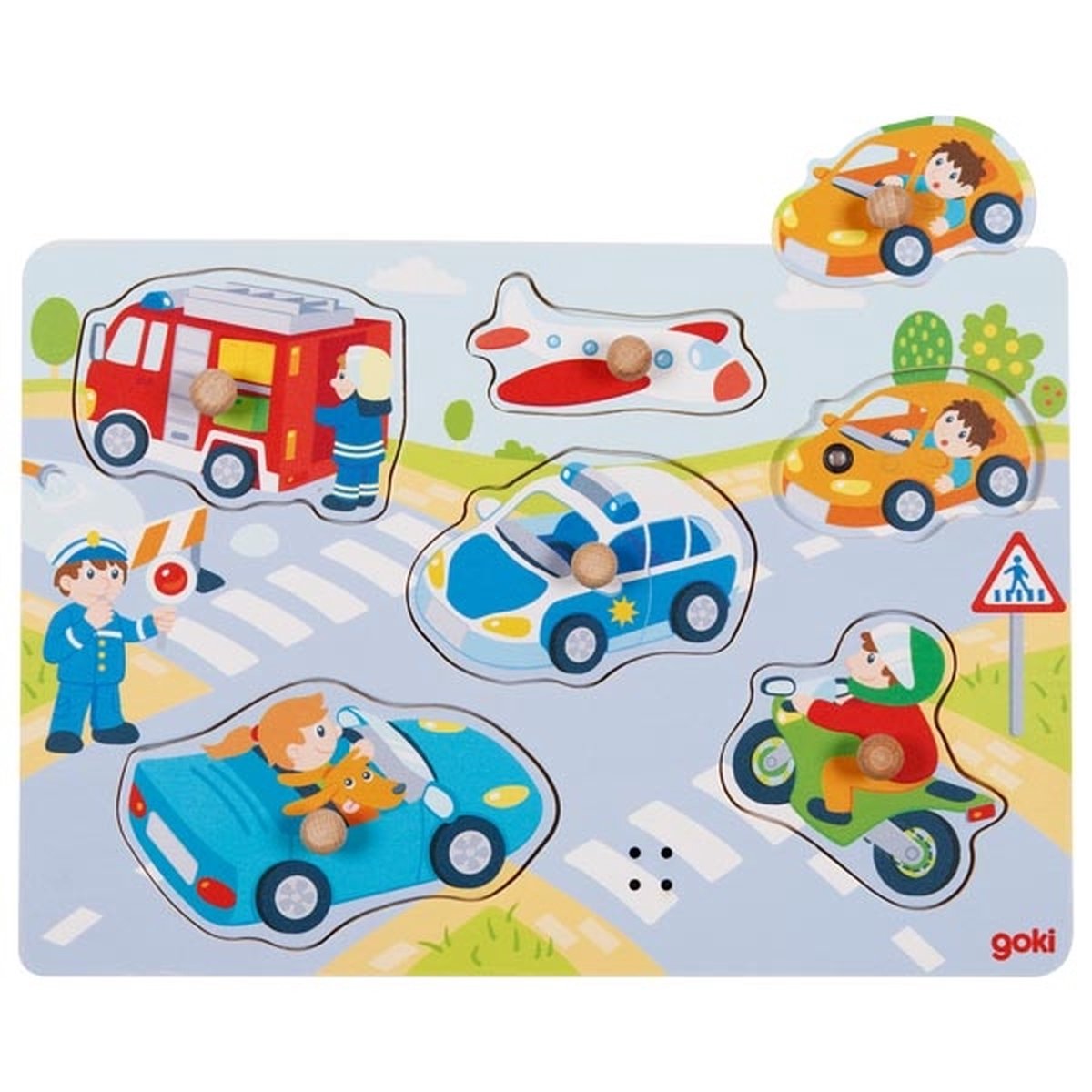 Goki Wooden Stud Puzzle Véhicules avec son, 6e.