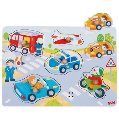 Goki Wooden Stud Puzzle Véhicules avec son, 6e.
