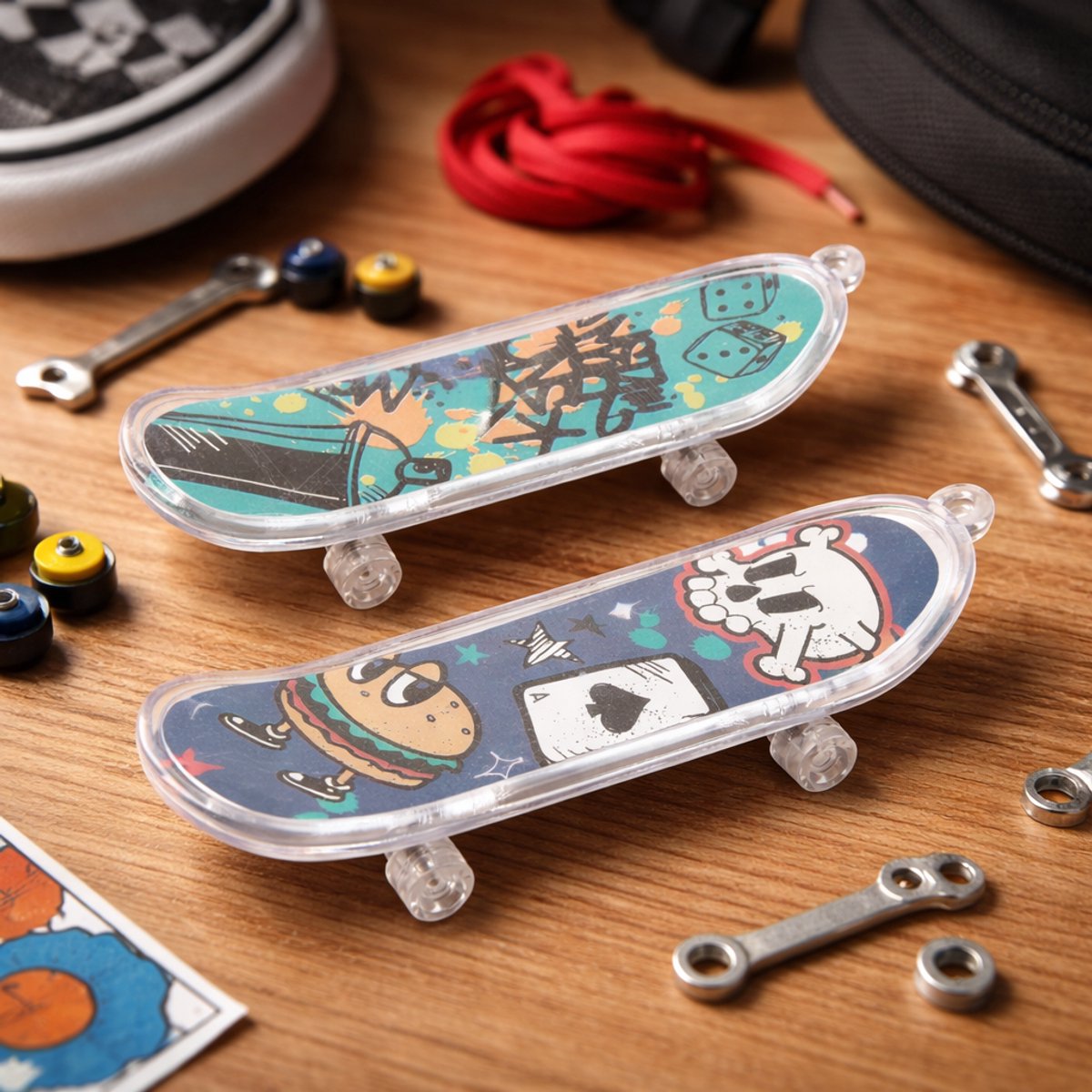 Eddy Toys Finger Skateboard Set 2 pièces - Finger Skateboard avec imprimés - Mini jouets de skateboard pour enfants - Jeu de touches avec des designs sympas - Plastique - 9,5 cm