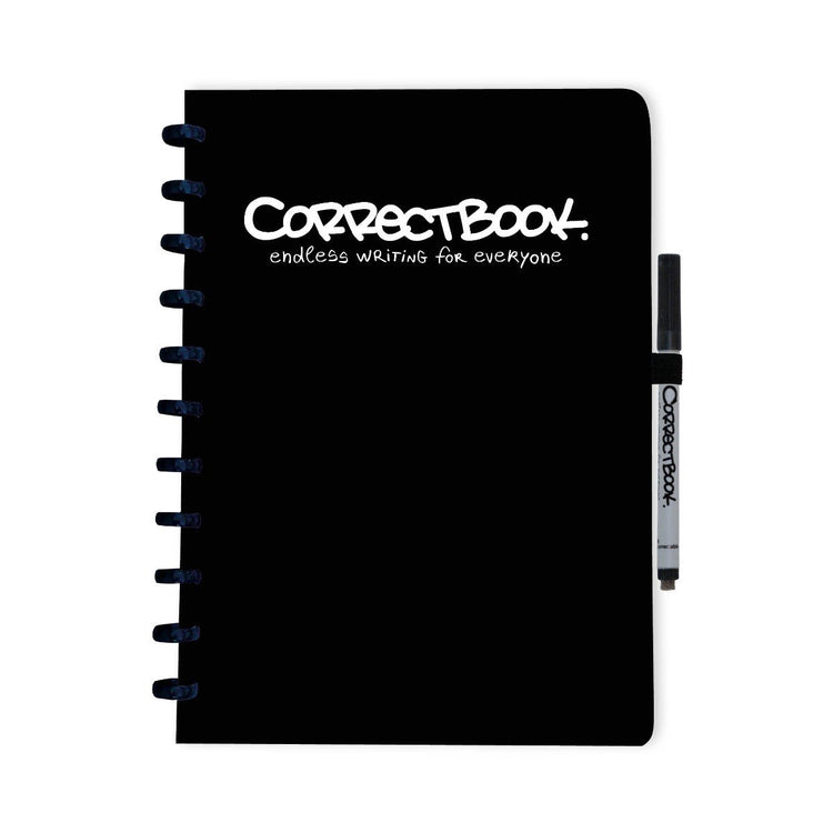 Carnet effaçable Correctbook a4 - carnet réutilisable - encre noir noir - ligné - avec lingette pour stylo - peut être complété par des pages supplémentaires