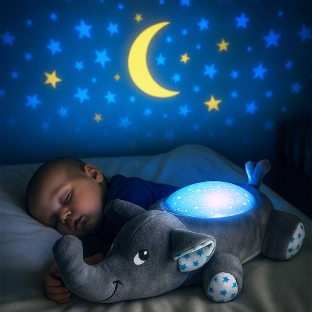 Mikamax - projecteur éléphant étoiles - lampe de nuit avec ciel étoilé 13 chansons - 30x21x11 cm