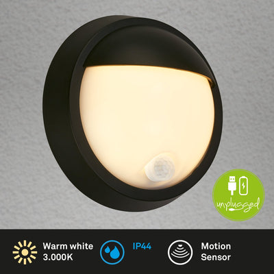 Briloner - applique d'extérieur - lampe d'extérieur - avec détecteur de mouvement - capteur crépusculaire - batterie rechargeable - chargement USB - protection contre les projections d'eau - ø17 x 7 cm - noir