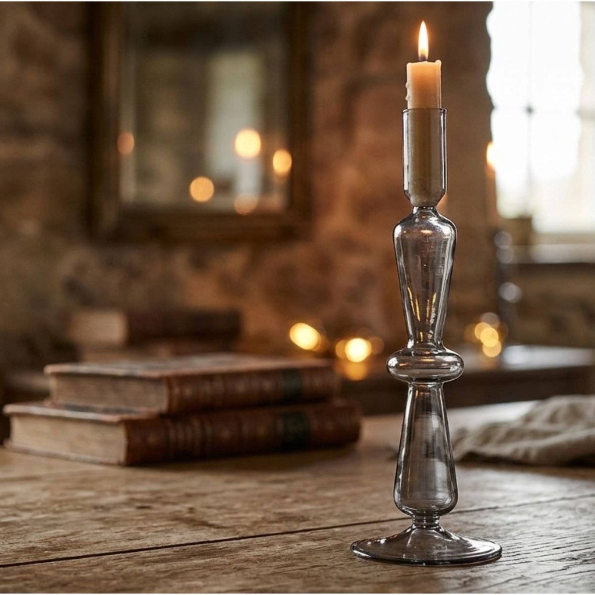 Arti casa bougeoir pour bougie de dîner - bougeoir décoration de la maison pour l'intérieur - ø8,5 x 26,5 cm - gris - verre