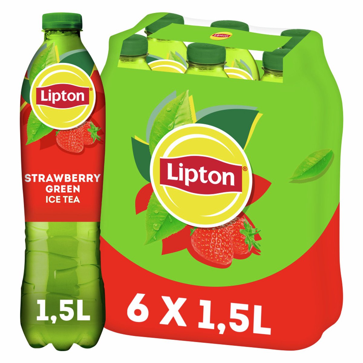 Bouteille verte de thé glacé Lipton - fraise - faible en sucre - 6 x 1500 ml - pack économique