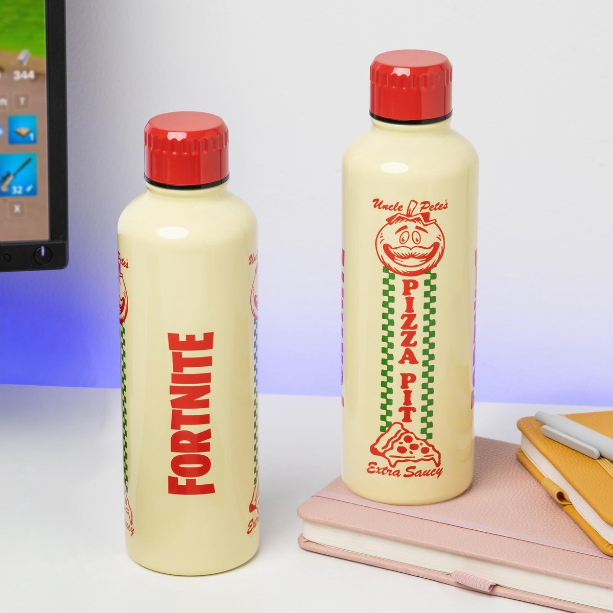 Bouteille d'eau en métal Paladone Fortnite Pizza Pit - Bouteille en acier inoxydable sous licence officielle 500 ml avec bouchon à vis -