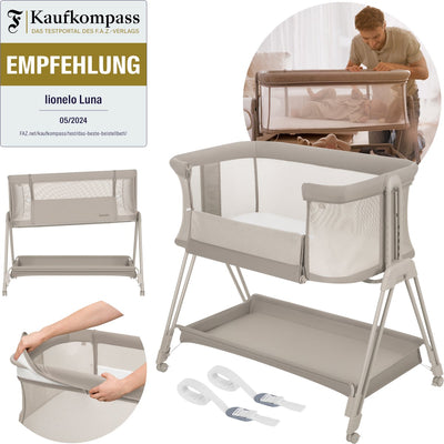 Lionelo luna – Lit bébé cododo 2 en 1 – naissance jusqu'à 9 kg – 7 positions de hauteur – matelas inclinable – côtés en filet – roulettes avec blocs – housse lavable – panier de rangement inclus