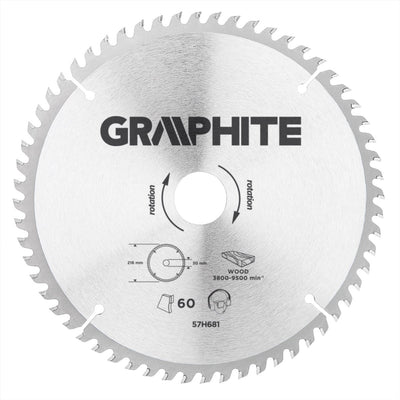 Lame de scie circulaire Graphite 57h681 pour bois 216mm, alésage 30mm, dents 60, épaisseur 3.2, cales 16 20 25, tct