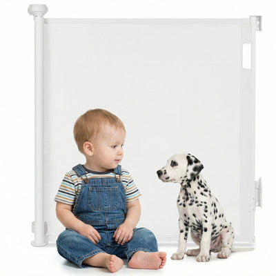 Barrière d'escalier enroulable Lionelo Thea jusqu'à 140 cm - sans seuil - double verrouillage - résistante aux UV - indicateur de verrouillage - 3 clips de fixation - barrière de sécurité pour enfant animal - pour intérieur extérieur - en 1930:2011