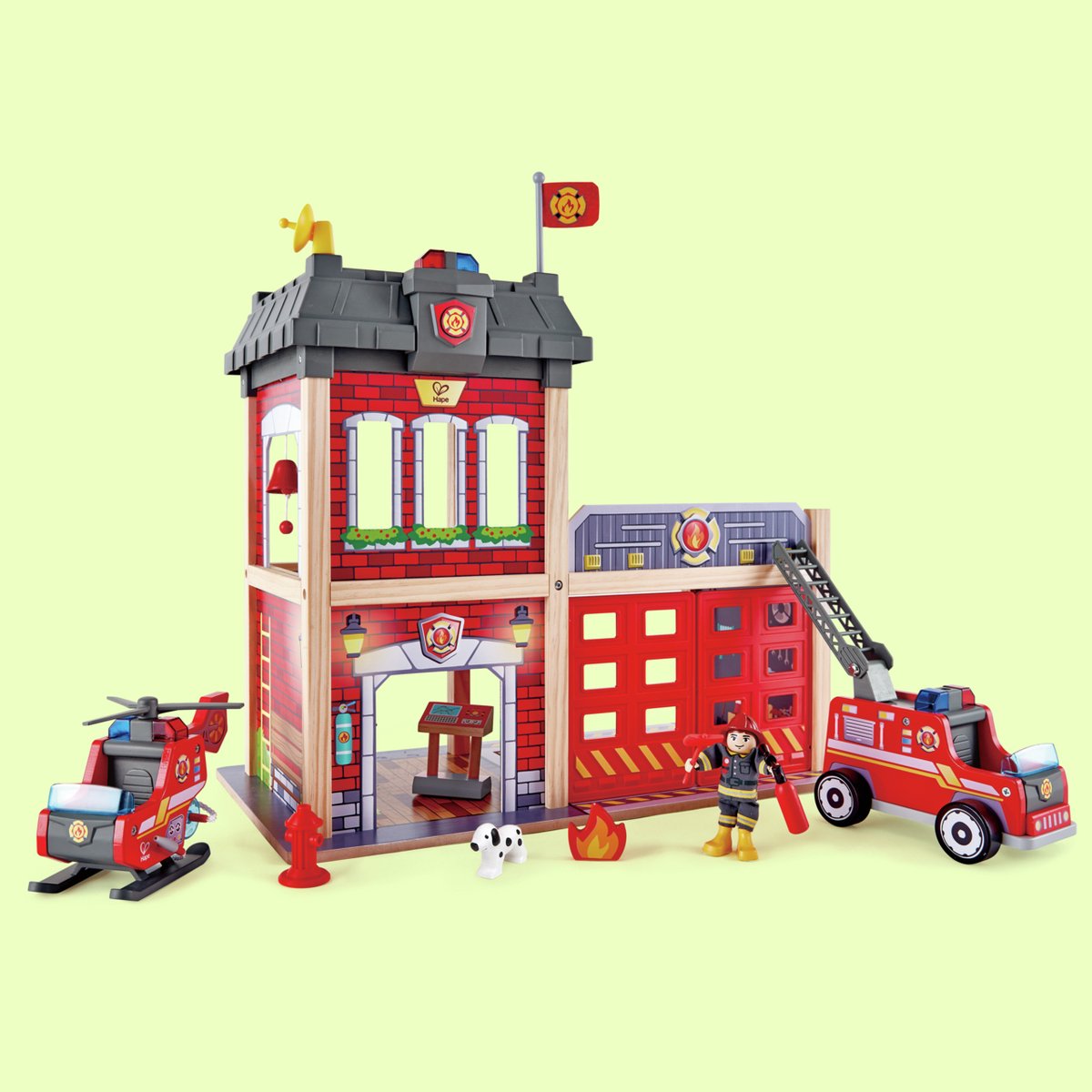 Coffret de jeu Hape caserne de pompiers avec camion de pompiers, hélicoptère et son et lumière - 13 pièces, à partir de 3 ans
