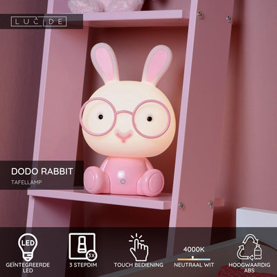 Lucide dodo lapin - lampe de table chambre d'enfant - led 3 stepdim - 1x3w 4000k - rose