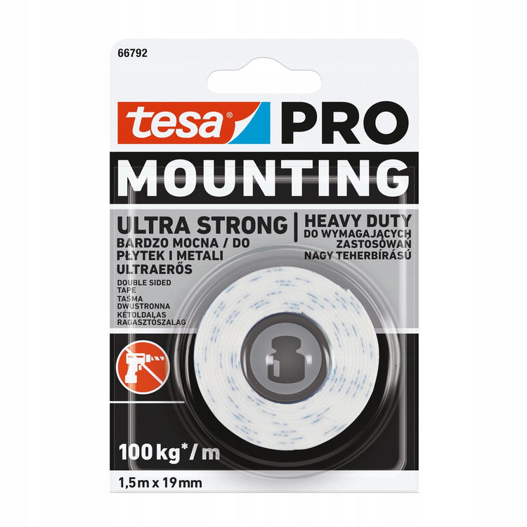 Série Tesa Mounting-Pro - ruban de montage double face - 1,5 m x 19 mm - ultra résistant - mousse PE