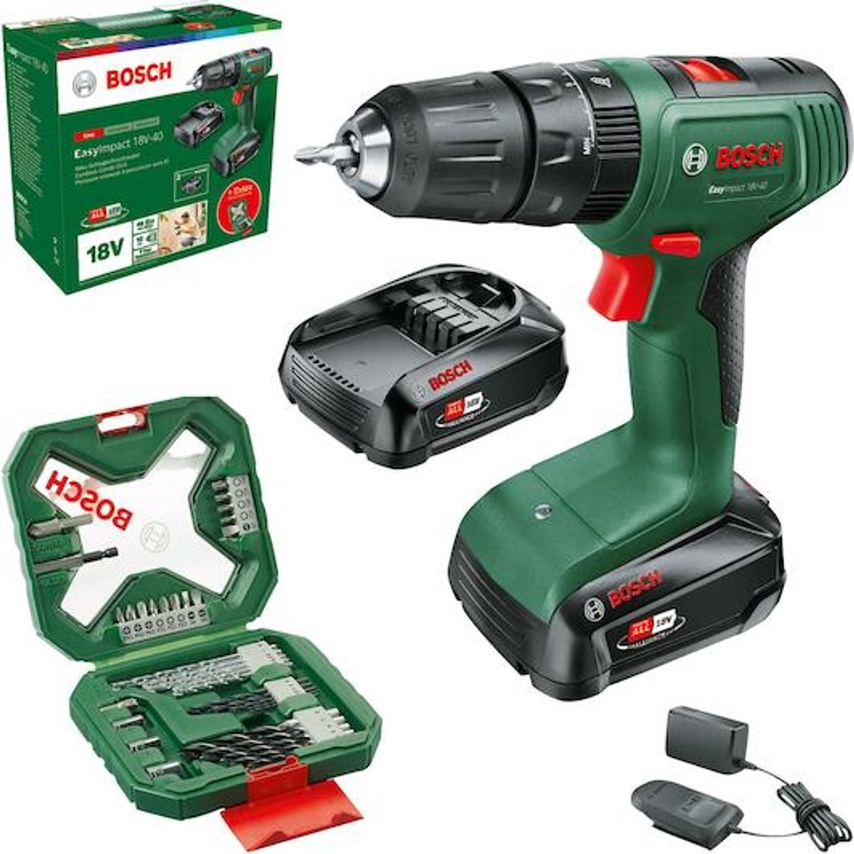 Lutin bosch vert easyact 18v-40 | visseuse-perceuse à percussion sans fil | 2 batteries 2,0 Ah + chargeur rapide + accessoires - 06039d8109