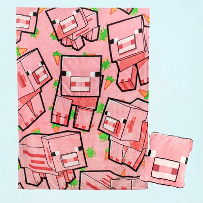 Couverture de coussin 2 en 1 Paladone Minecraft Pig - Couverture de voyage Microsoft sous licence officielle, plaid doux et moelleux pliable, design compact pour la décoration du salon ou de la chambre, 120 cm x 150 cm -