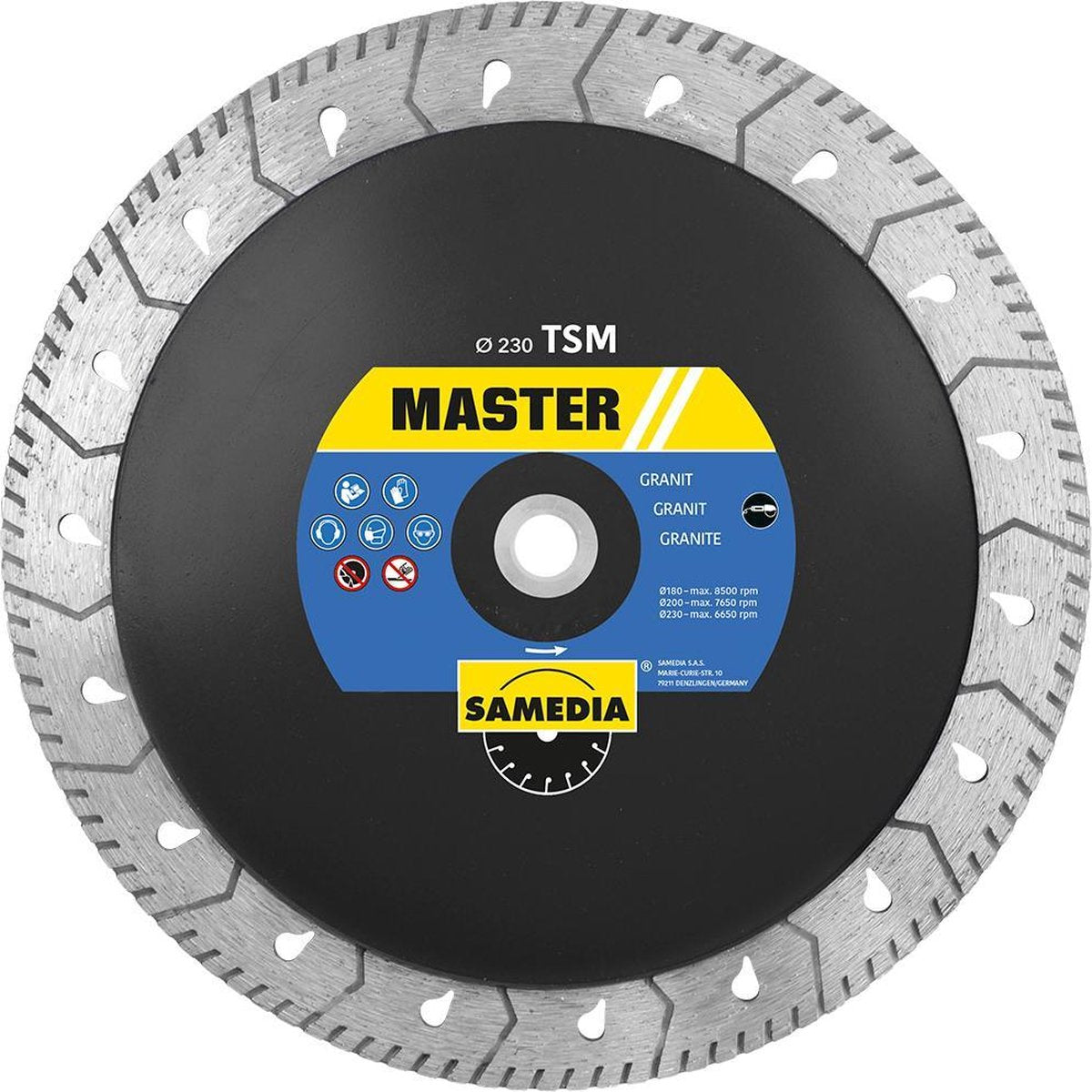 Disque à tronçonner diamanté Sameda samedia master tsm 230xm14 pour scier et meuler le granit