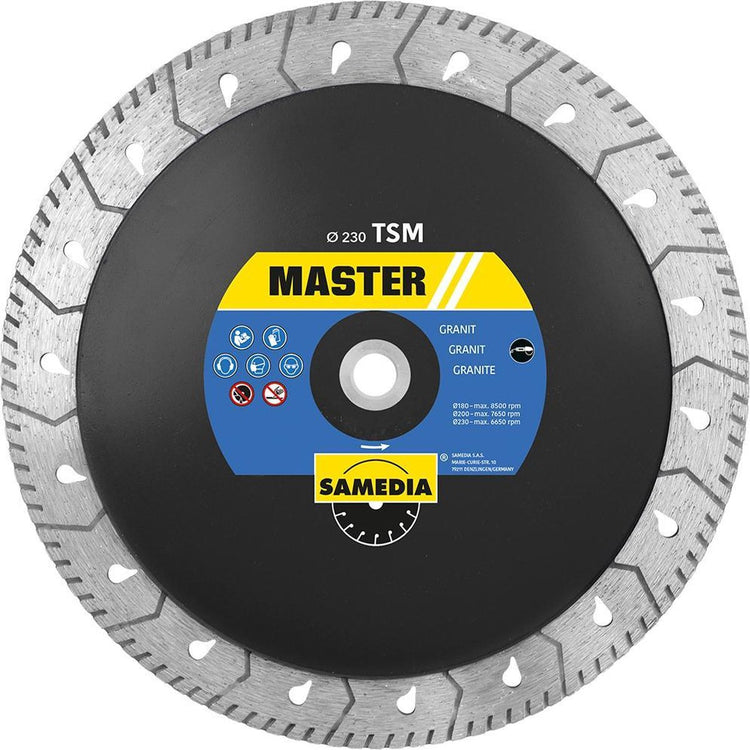 Disque à tronçonner diamanté Sameda samedia master tsm 230xm14 pour scier et meuler le granit